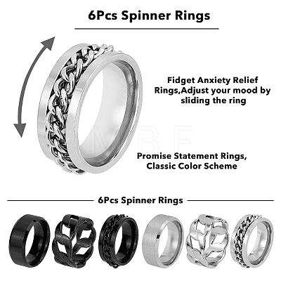 FIBLOOM 6Pcs 6 Style Titanium Steel Plain & Curb Chains Finger Rings Set for Women RJEW-FI0001-01-1