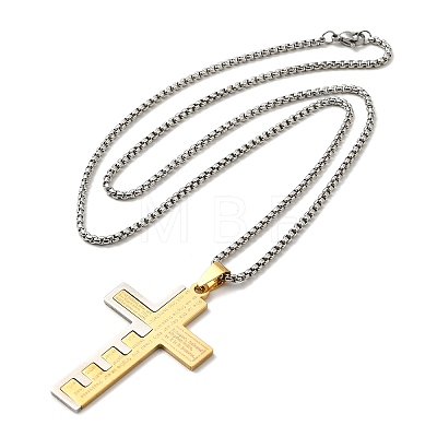 Cross with Word 304 Stainless Steel Pendant Necklace with Box Chains NJEW-F319-02G-1
