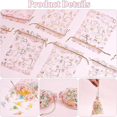 100Pcs Gold Stamping Heart Organza Gift Bags OP-PH0001-37B-1