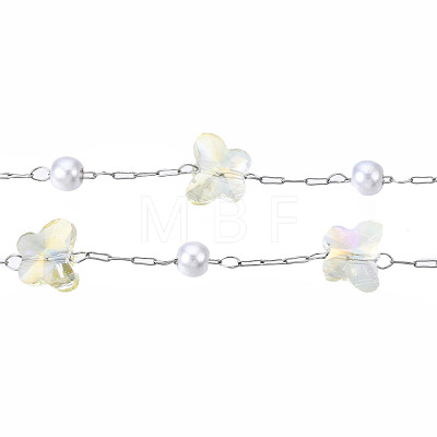 Glass Butterfly & ABS Plastic Pearl Beaded Chains CHS-N003-02-01-1