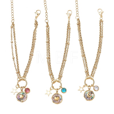 3Pcs 3 Colors 304 Stainless Steel Pave Natural Paua Shell & 201 Stainless Steel Star & Cubic Zirconia Charm Bracelets BJEW-JB13505-1