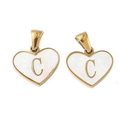 304 Stainless Steel Pave Natural White Shell Heart with Initial Slice Pendants STAS-R168-25G-C-1