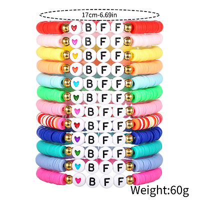 12Pcs Alloy & Polymer Clay & Resin Beaded Stretch Bracelets Set for Frinedship FS-WG9EC10-01-1