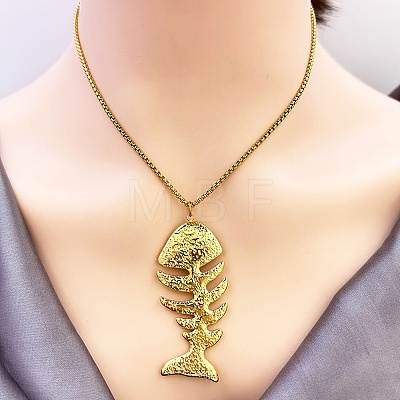 304 Stainless Steel Fish Bone Shaped Pendant Box Chain Necklaces for Women NJEW-L467-01G-1