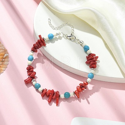 Synthetic Coral & Turquoise & Magnesite Chips Beaded Bracelets for Women BJEW-TA00374-1