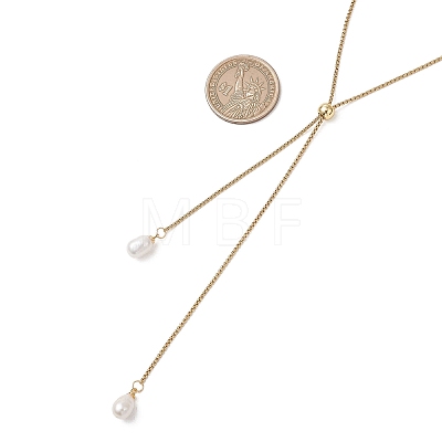 Adjustable Natural Pearl Rice Pendant 304 Stainless Steel Box Chain Lariat Necklaces NJEW-JN05948-1