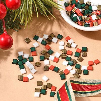 4 Colors Christmas 2-Hole Square Glass Seed Beads SEED-X0058-09-1