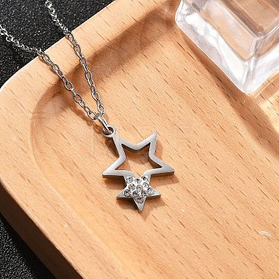 304 Stainless Steel Crystal Rhinestone Double Star Pendant Cable Chain Necklaces NJEW-Z056-02A-P-1