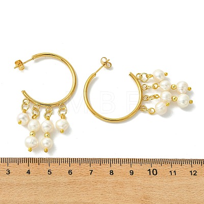 Round with C-Shaped Natural Pearl & 304 Stainless Steel Tassel Chandelier Earrings EJEW-JE07025-1