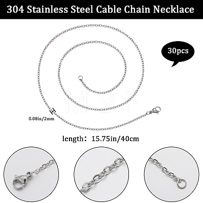 Beebeecraft 30Pcs 304 Stainless Steel Flat Cable Chain Necklaces Set STAS-BBC0005-02-1