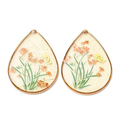 Brass & Transparent Epoxy Resin & Dried Flower Pendants RESI-G133-02G-03-1