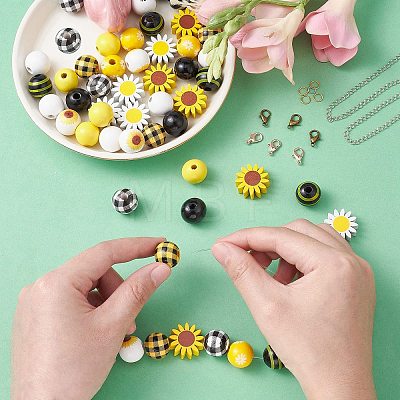 50Pcs 10 Styles Sunflower Theme Printed Wood Beads WOOD-CJ0001-78-1