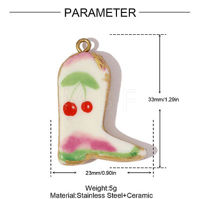 304 Stainless Steel & Cherry Print Cowboy Boot Porcelain Pendants with Gold Trim STAS-OY006-49G-01-1