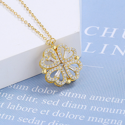 Heart Combination Clover 925 Sterling Silver Micro Pave Clear Cubic Zirconia Pendant Necklaces with Magnetic Clasps FS-WG869B6-02-1