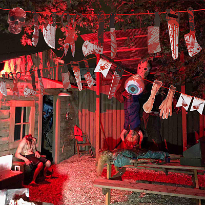 7 Bags 7 Style Halloween Decoration Paper Bleeding Saw Machete Knife Skull Eye Hand Bat Flag Banners AJEW-GA0006-13-1