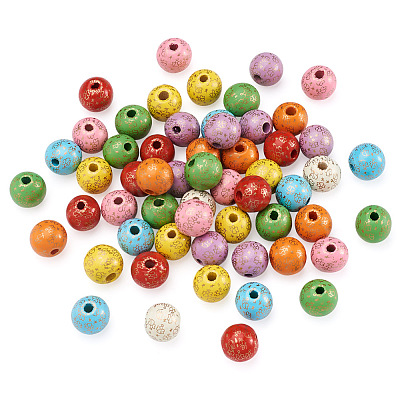 Fashewelry 80Pcs 8 Colors Printed  Natural Wood Beads WOOD-FW0001-10-1