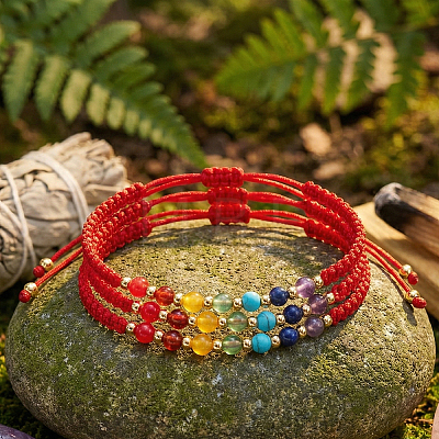 3Pcs Adjustable Chakra Natural & Synthetic Mixed Stone Round Bead Braided Bracelet Sets ZZ4943-5-1