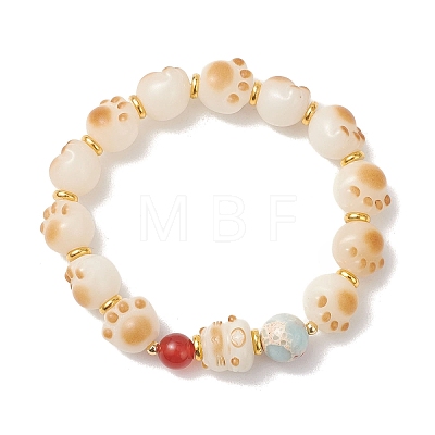 Cat Paw Shape Natural Bodhi Root & Carnelian & Synthetic Imperial Jasper Beaded Stretch Bracelets for Women BJEW-TA00732-1