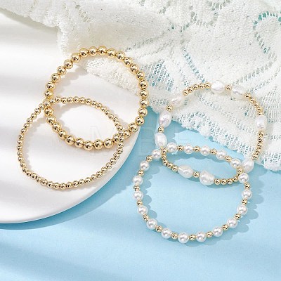 4Pcs 4 Style Natural Pearl & Brass Beaded Stretch Bracelets Set for Women BJEW-JB09662-01-1