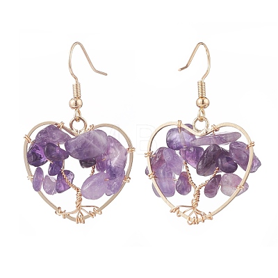 Natural Amethyst Chips Braided Heart with Tree of Life Dangle Earrings EJEW-JE04882-02-1