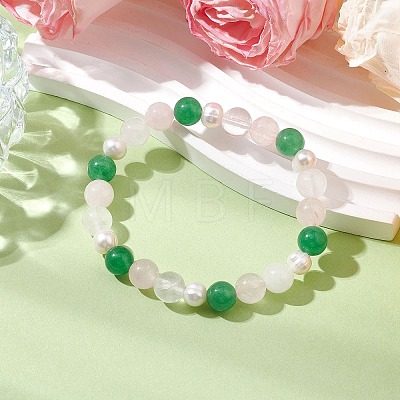 Natural Rose Quartz & Green Aventurine & Pearl Round Beaded Stretch Bracelets for Women BJEW-JB11041-04-1