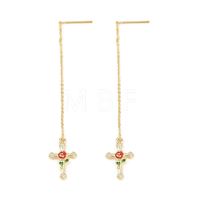 Cross with Flower Brass Clear Cubic Zirconia Ear Thread EJEW-H182-13G-1