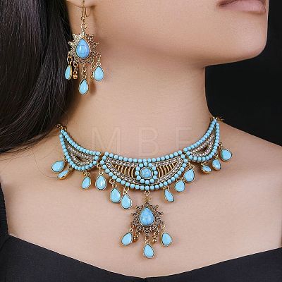 Ethnic Style Alloy Rhinestone & Synthesis Turquoise Earrings & Necklaces Sets for Women FS-WG42FFB-01-1