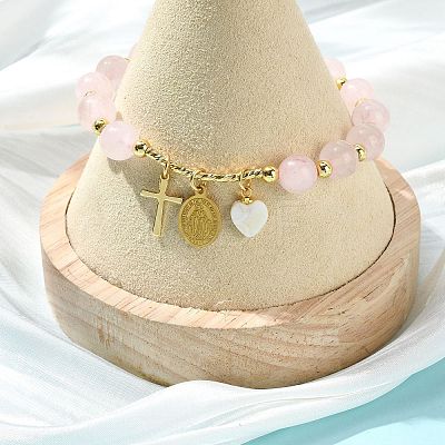Natural Rose Quartz Round Beads Stretch Bracelets BJEW-JB14147-01-1