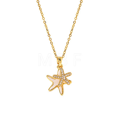 304 Stainless Steel Micro Pave Clear Cubic Zirconia Double Starfish Pendant Necklaces FS-WG2E0D3-01-1
