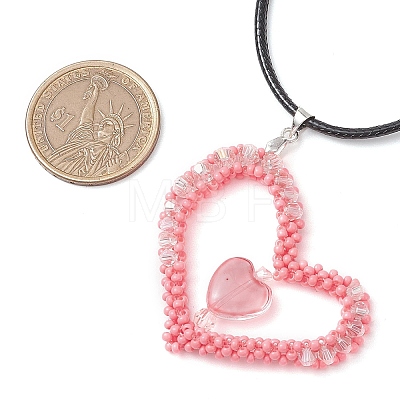 Valentine's Day Glass Seed Beads Beaded Heart Pendant Necklaces NJEW-MZ00079-01-1