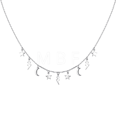 Rhodium Plated 925 Sterling Silver Star Moon Lightning Flowing Pendant Bib Necklaces MF4231-1