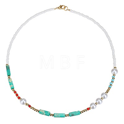 Bohemian Cuboid Dyed Natural Imperial Jasper & Red Agate & Synthetic Turquoise & Imitation Pearl & Glass Seed Beaded Necklaces TE0574-2-1