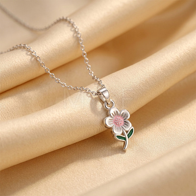 304 Stainless Steel Enamel Pink Flower Pendant Necklaces for Women WGD8704-01-1