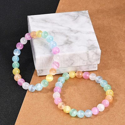 Dyed Natural Selenite Round Beaded Stretch Bracelets for Women G-U005-02M-1