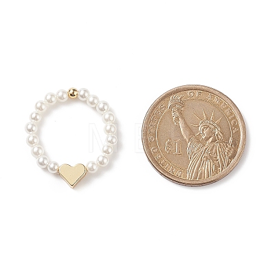 Shell Pearl & Brass Heart Beaded Stretch Rings for Women RJEW-TA00056-1