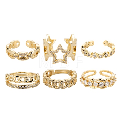 6Pcs 6 Styles Brass Micro Pave Cubic Zirconia Cuff Rings RJEW-LS0001-42G-1