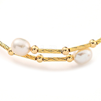 Brass & Natural Freshwater Pearl Beads Open Cuff Bangles for Women BJEW-F470-03G-01-1