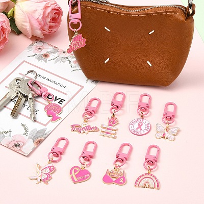 10Pcs 10 Styles Breast Cancer Awareness Ribbon Alloy Enamel Flower Pendant Decorations HJEW-YW00317-1
