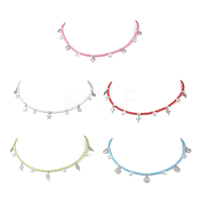 Boho 304 Stainless Steel Heart Leaf Star Cross Shell Shaped Pendant Glass Seed Beaded Necklaces NJEW-MZ00147-1