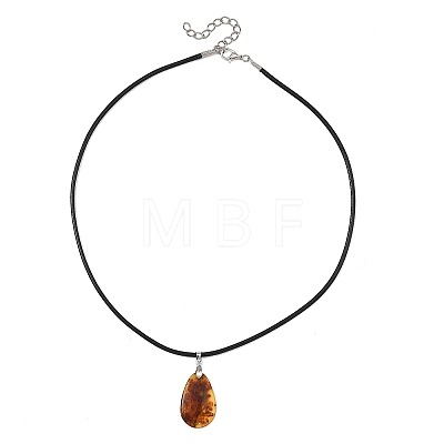 Natural Amber Teardrop Pendant Black Imitation Leather Cord Necklaces for Women NJEW-JN06318-1