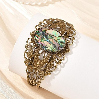 Oval Natural Paua Shell Brass Hollow Floral Cuff Bangles for Women BJEW-JB14503-01-1