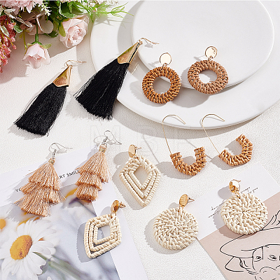 ANATTASOUL 6 Pairs 6 Style Donut & Kite & Flat Round & Arch Rattan Dangle Stud Earrings EJEW-AN0001-28-1