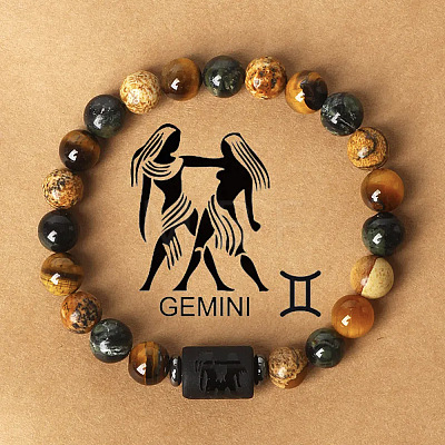 12 Constellations Natural Tiger Eye & Picture Jasper Round Beaded Stretch Bracelets for Men Women WG21EC3-09-1