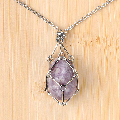 Natural Lepidolite Easter Egg Cage Pendant 304 Stainless Steel Cable Chain Necklaces FS-WGA333C-16-1