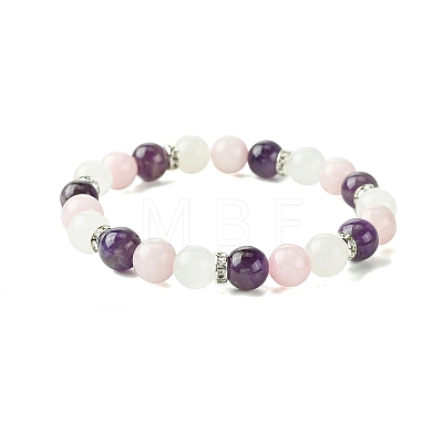 8.5mm Natural Rose Quartz & Quartz Crystal & Amethyst Round Beaded Stretch Bracelets for Women BJEW-JB10737-1