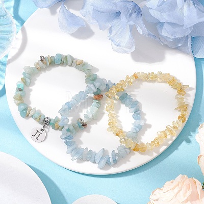 3Pcs 3 Styles Natural Citrine & Flower Amazonite & Aquamarine Aventurine Chips Stretch Bracelets Sets BJEW-JB11076-05-1