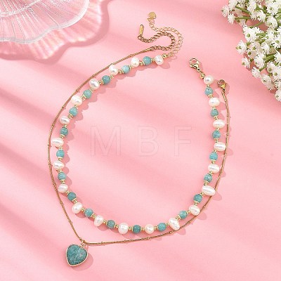 Natural Amazonite Heart Pendant 304 Stainless Steel Satellite Chain Double Layer Necklaces NJEW-JN06692-1