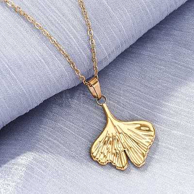 Ginkgo Leaf 304 Stainless Steel Pendant Necklaces NJEW-H059-21G-1