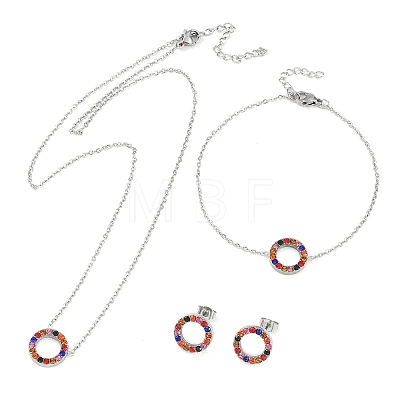 Ring 304 Stainless Steel Colorful Rhinestone Pendant Necklaces & Bracelets & Stud Earrings Sets for Women SJEW-C004-09P-02-1