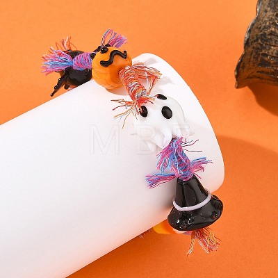 Halloween Handmade Lampwork Ghost Pumpkin Bat Braided Bead Bracelets BJEW-TA00771-1